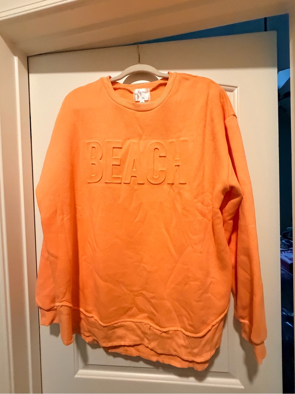 Women's Orange Crewneck Sweatshirt with Raised 'BEACH' Detail
